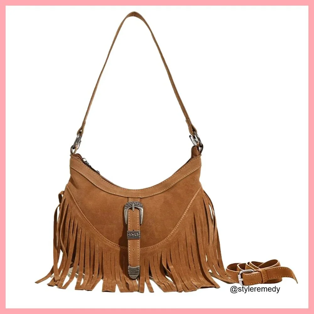 Faux Suede Mini Hobo Bag with Fringe Tassel Adjustable Strap